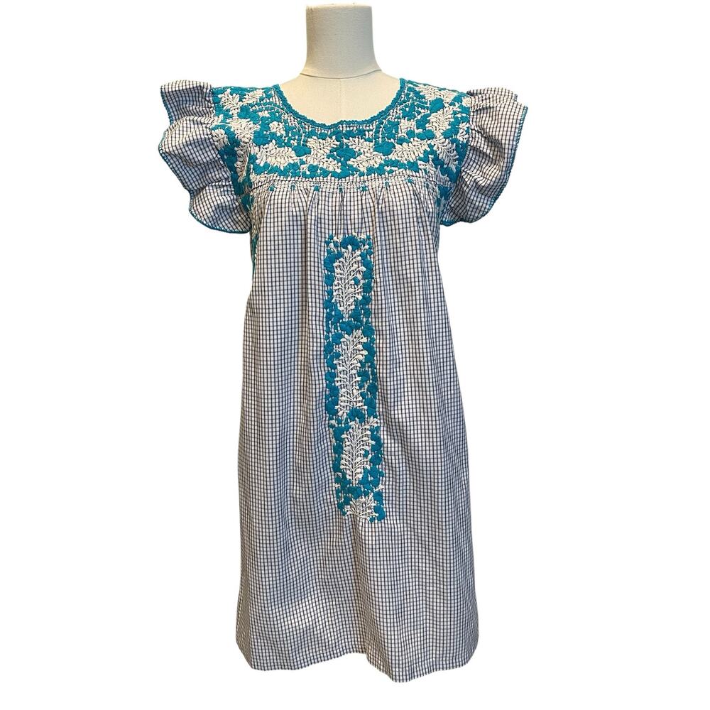 Margarita Mercantile blue plaid top prominent floral embroidery